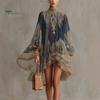 Bohemian Dress Boho Floral Print High Neck Irregular Chiffon Mini for Women, Retro Style Long Sleeve Flowy Party Cocktail Dress, Summer Beach Vacation