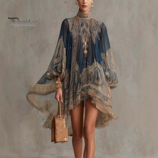 Bohemian Dress Boho Floral Print High Neck Irregular Chiffon Mini for Women, Retro Style Long Sleeve Flowy Party Cocktail Dress, Summer Beach Vacation