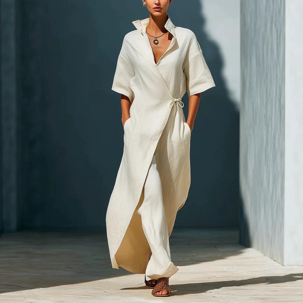 Summer New Style Casual V-neck Short-sleeved Belt-wrapped Fitted Slimming Figure-enhancing Blouse Dress