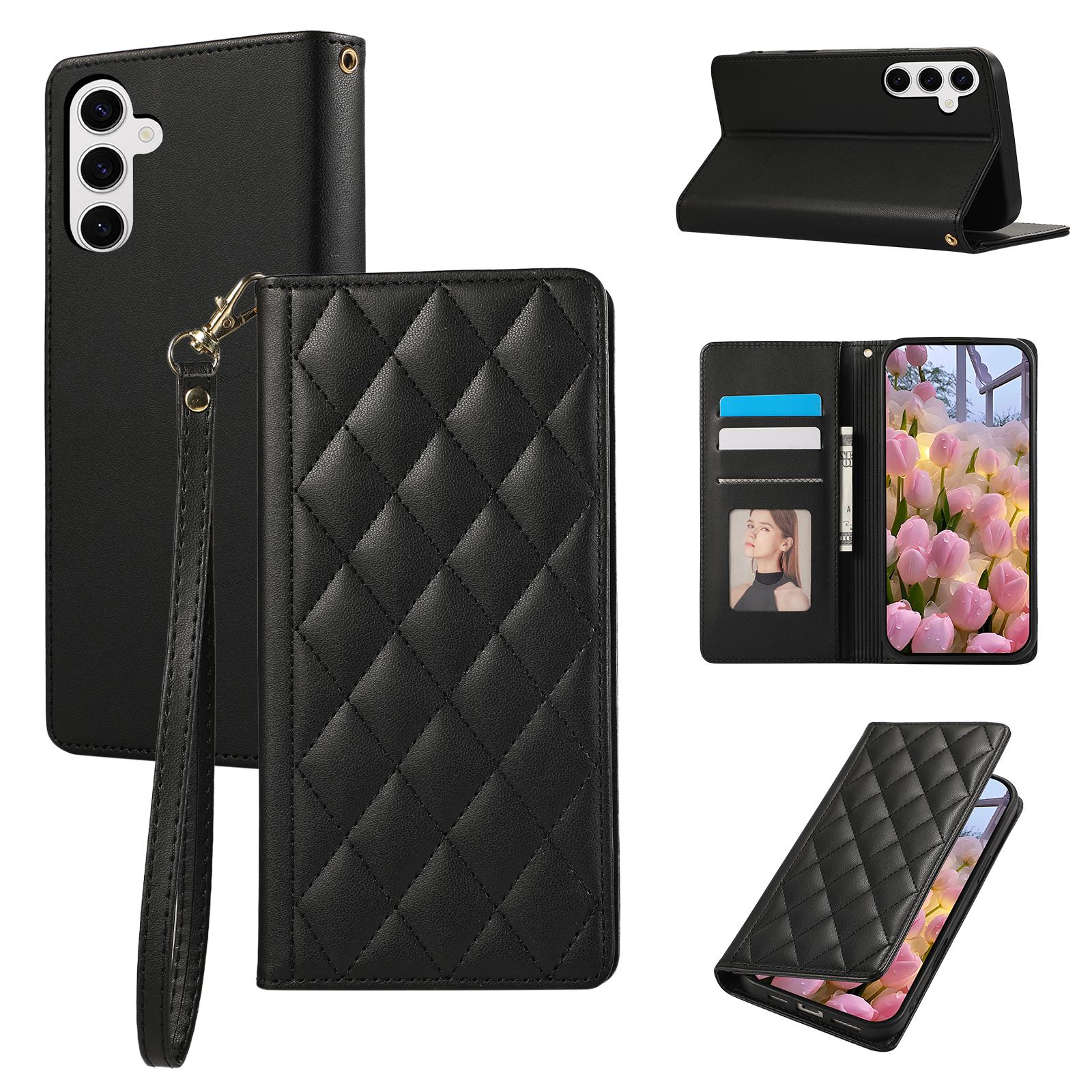 

For Samsung Galaxy A36 5G Case RFID Blocking Wallet Stand Rhombus Leather Phone Cover with Wrist Strap Black