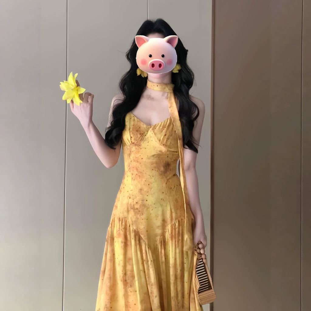 Seaside Vacation Atmosphere, Yellow Smudged Floral Suspender Dress, Female Photo-produced Rich Family Daughter Skirt