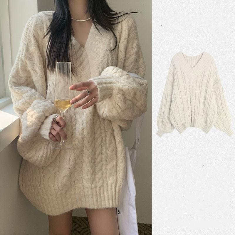 

Retro Lazy Wind Pink Loose Foreign Large Version of The V-neck Pullover Knitted Sweater Autumn and Winter Long-sleeved Tops Female one size бежевий