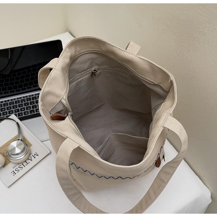 Casual Striped Embroidered Canvas Shoulder Bag - Autumn/Winter 2025 Trendy Student Design