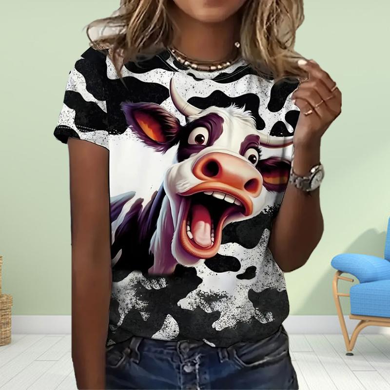 Mode Dam Husdjur Ko-tryck T-shirt Rolig Casual O-hals Kortärmad T-shirt Sommar Dam T-shirt