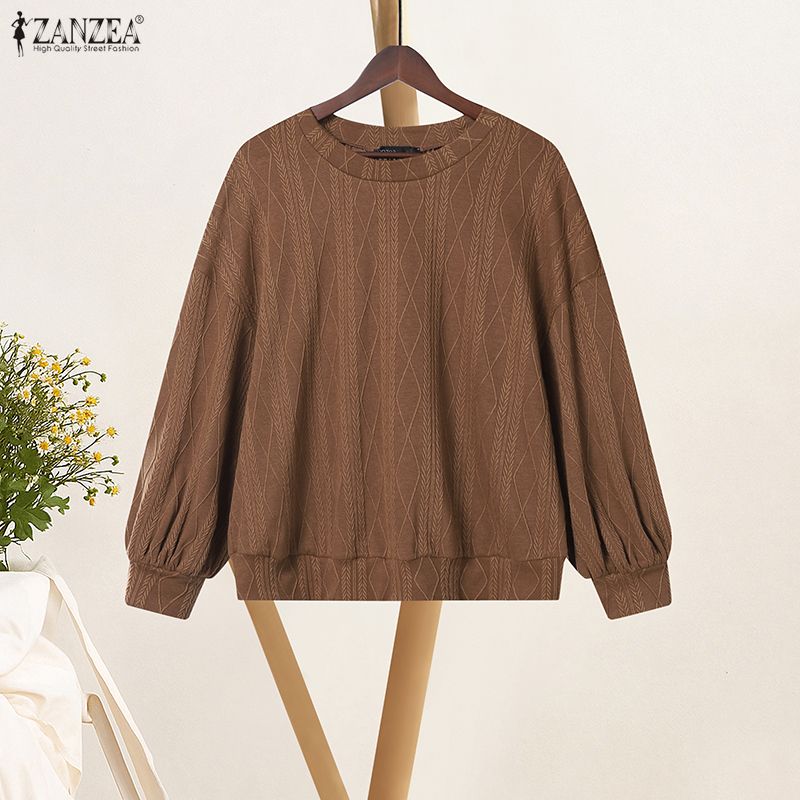 ZANZEA Women Casual Round Neck Long Sleeve Loose Pullover Blouse