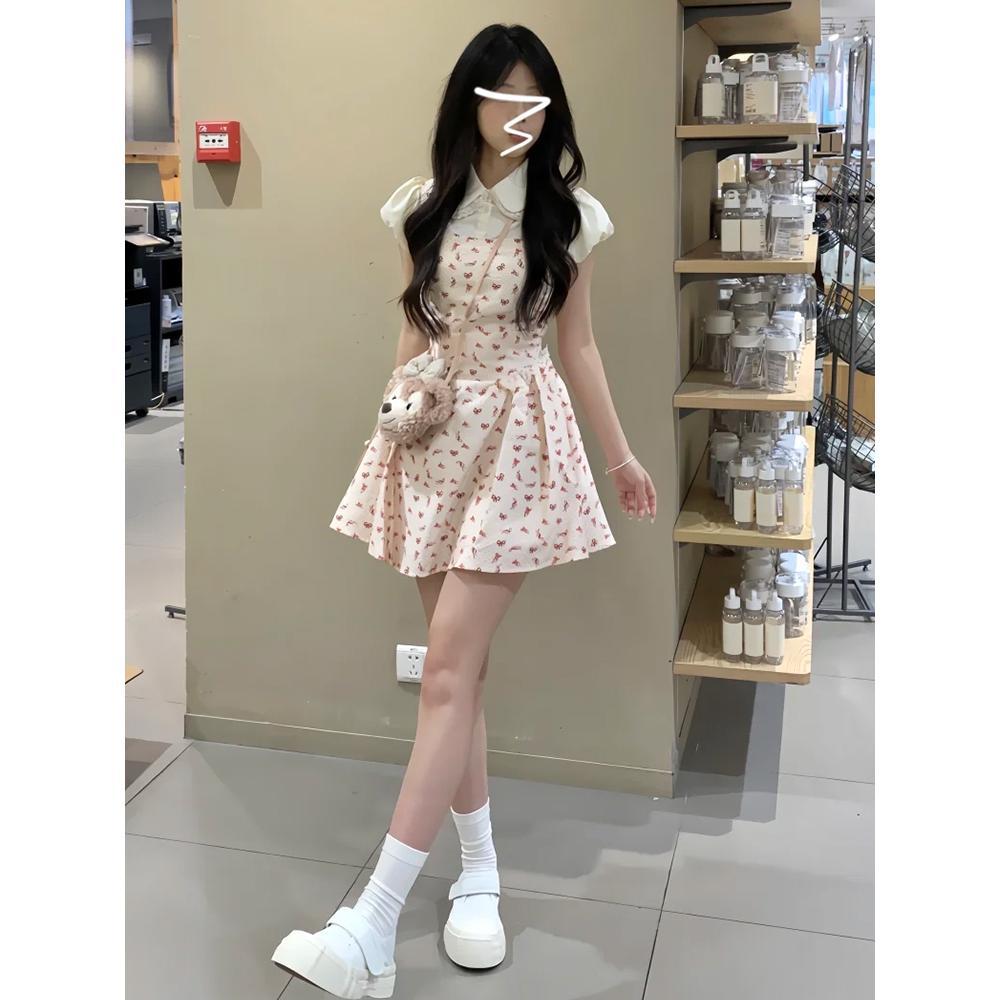Sweet Pink Fake Two-piece Dress Women's Summer Design Sense College Style Princess Dress Small Fragrant Style Waist and Thin Skirt