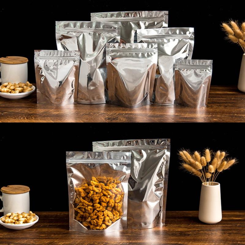100Pcs Wholesale Clear Front Transparent Stand Up Smell Proof Resealable Ziplock Aluminum Foil Packaging Mylar Food Bag