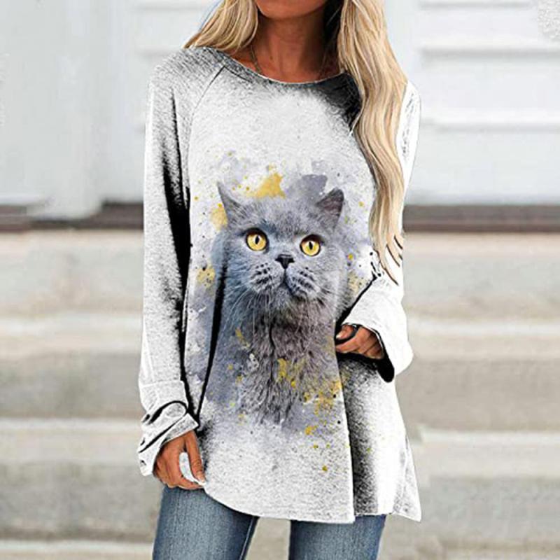 Buy Fashion Women'S T-Shirt Cat Print Long Sleeve Top Loose