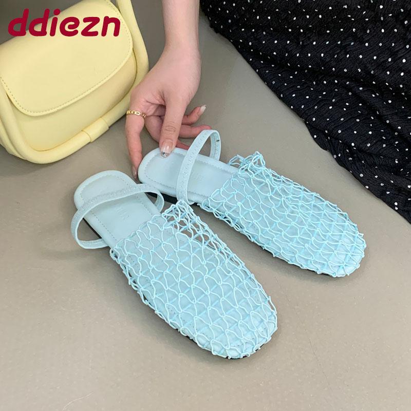 Fashion Summer Beach Ladies Flats Slippers Sandals Shoes Round Toe Fashion Mesh Female Flats Slides Slippers Shoes For Women Mules