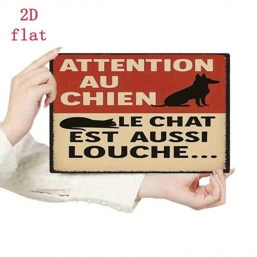 Vintage French Pet Warning Metal Sign, Rustic Dog Cat Tin Plaque, Funny Wall Decor for Home