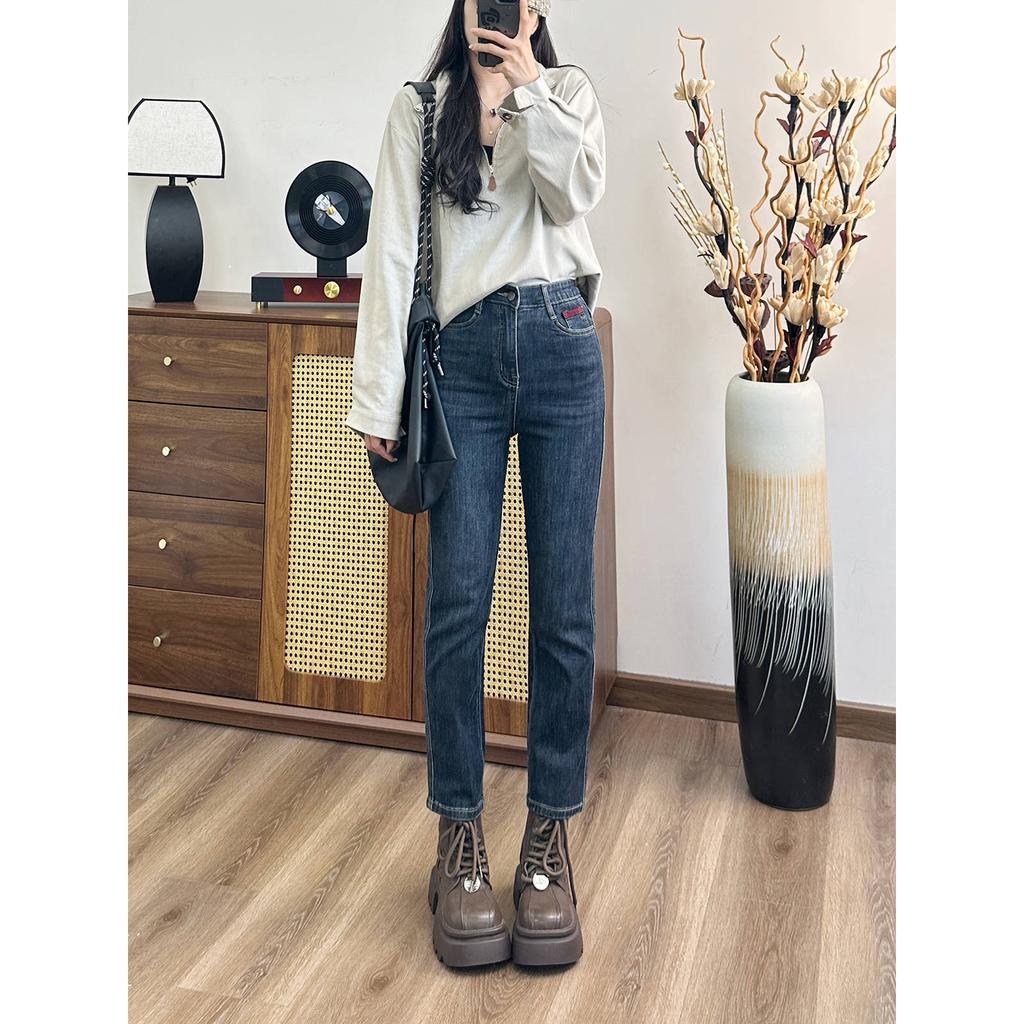 Women's High Waist Slim Straight Ankle Jeans Medium Contrast Back Pocket Nine Length Cigarette Denim Pants Spring Petite Casual Trousers