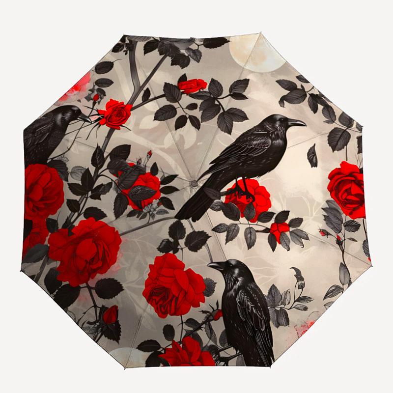 1pc Raven Roses Automatic Open/close Umbrella, 8-Rib sturdy structure, Auto Folding/Opening, Portable Travel Umbrella for Women,268