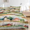 3pcs Serene Countryside Illustration Printed Quilt Set, Includes 1 Quilt Cover and 2 Pillowcases