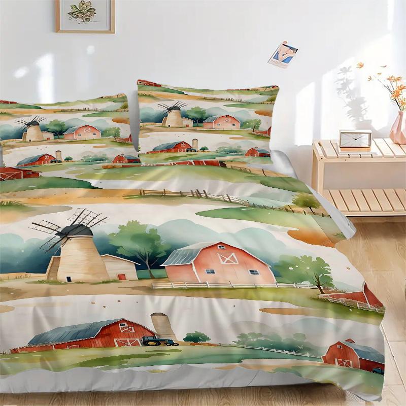 3pcs Serene Countryside Illustration Printed Quilt Set, Includes 1 Quilt Cover and 2 Pillowcases