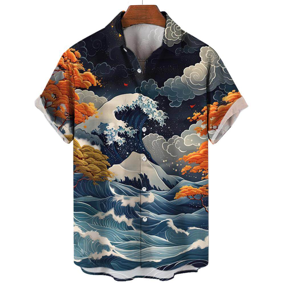 Summer Fashion Sutra of Mountains and Seas Ukiyoe Wave Print Men's Short Sleeve Shirts Casual Daily Street Trend Tops Oversized