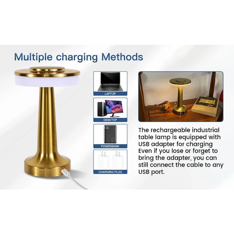 Vintage Metal Desk Lamp USB Rechargeable Portable Touch Table Lamp Bedside Night Light for Bar KTV Hotel Coffee Shop Bedroom Bar