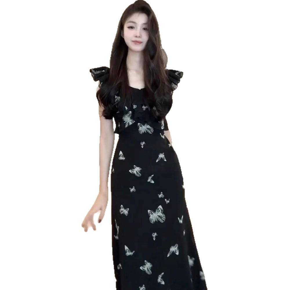 Design Sense French Retro Small Flying Sleeve Butterfly Dress Women's New Summer Niche Korean Black Long Dress