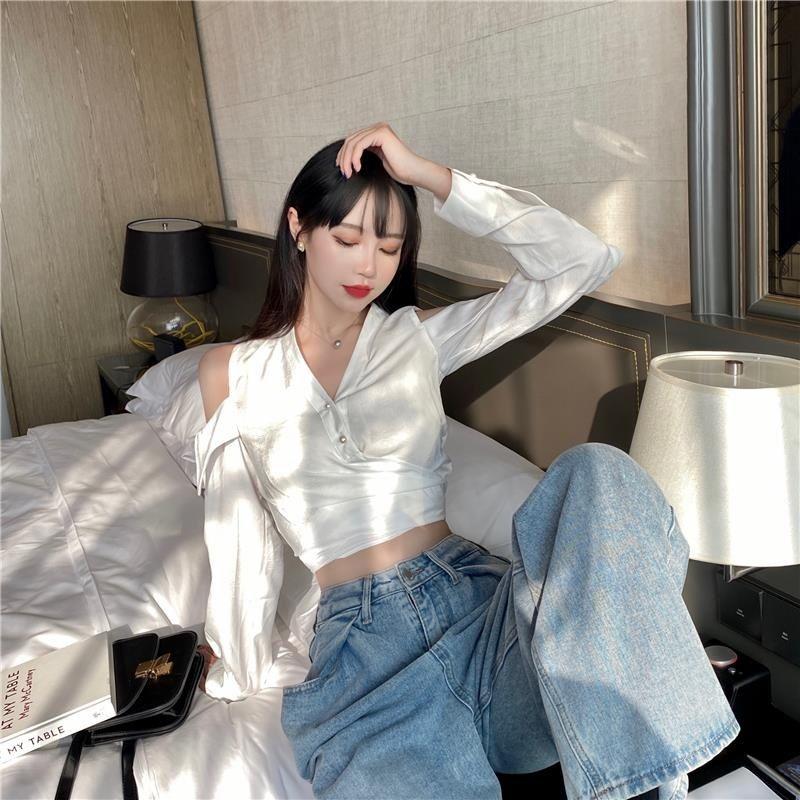 WTEMPO Off Shoulder Women Shirt Sexy V-neck Short French Style Chic Long Sleeve Shirt StreetWear Casual Top Blouse Women