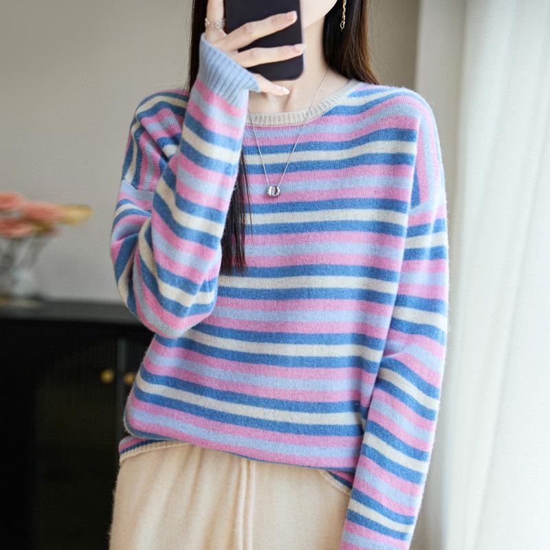 Women's Colorful Striped Wool Knitwear Top - 2025 Autumn/Winter, Long Sleeve, Loose Fit, Trendy Cashmere Base Layer