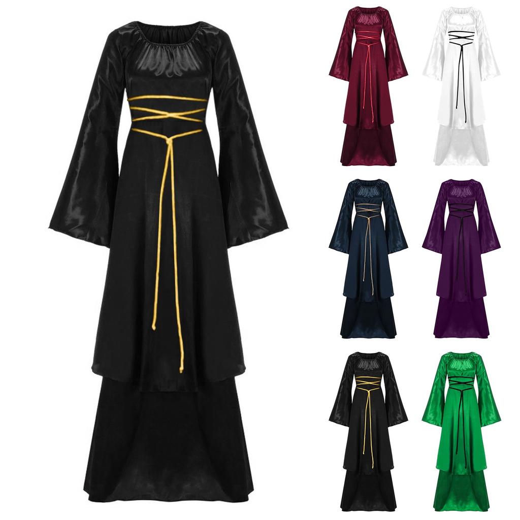 Elegant Dress Long-Sleeved Square-Neck Belted Irregular Dress Retro Clothing Halloween Cosplay Party Comfortable Dress
