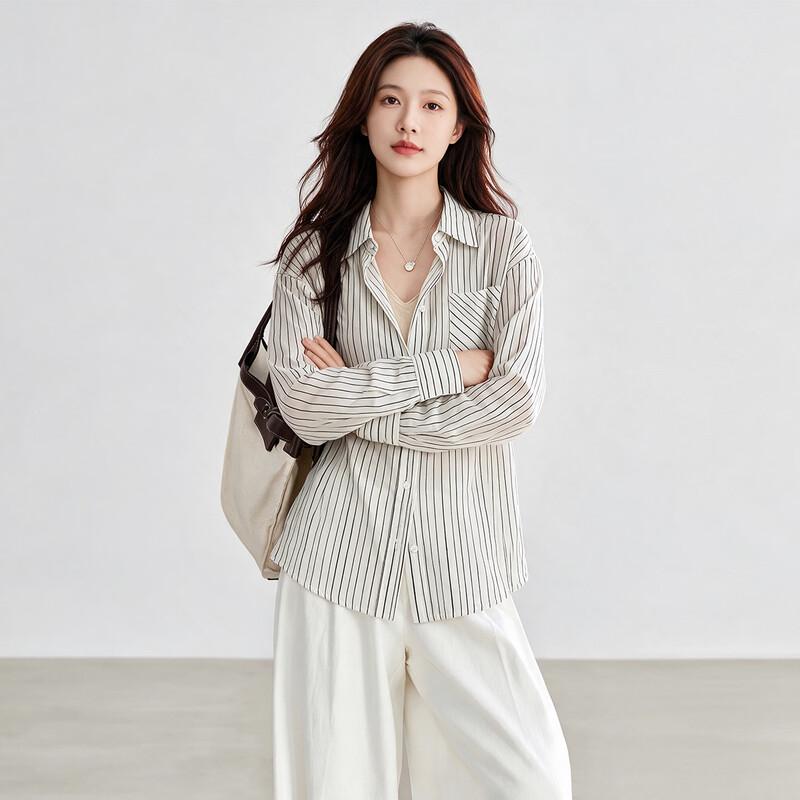Elegant Silk-Cotton Blend Striped Collared Blouse