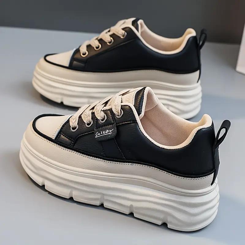 Women's Solid Color Sneakers, Casual Lace Up Outdoor Shoes, Comfortable Inner Heightening Shoes