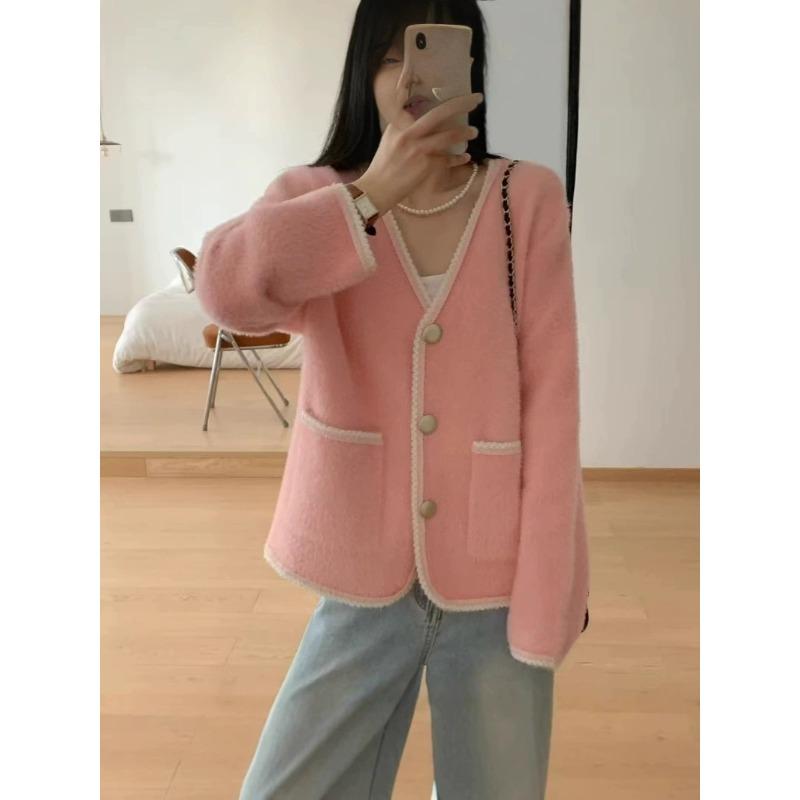

Маленький свежий свитер из искусственной норки, женский трикотажный кардиган с длинными рукавами, короткий, свободный, новый, весна-осень-зима One size розовый
