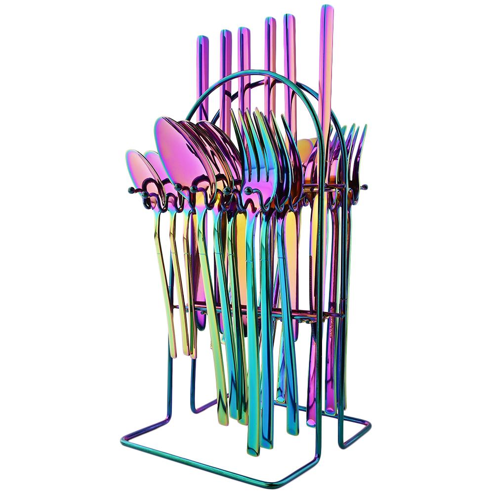 24-teiliges Regenbogen-Besteck-Set mit Halter, 304 Edelstahl, Besteck, Messer, Gabel, Löffel, Geschirr, Party-Küche, Besteck-Set mit Aufbewahrungsregal