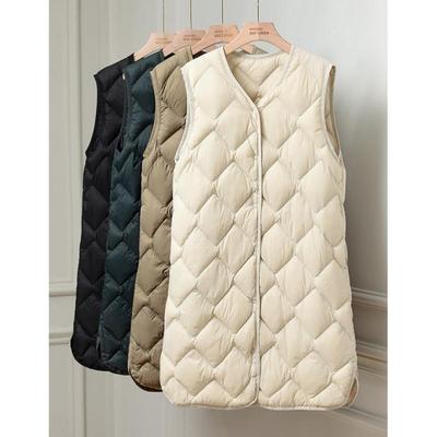 Gilet d'hiver pour femme mi-long en duvet léger Veste simple à col en V