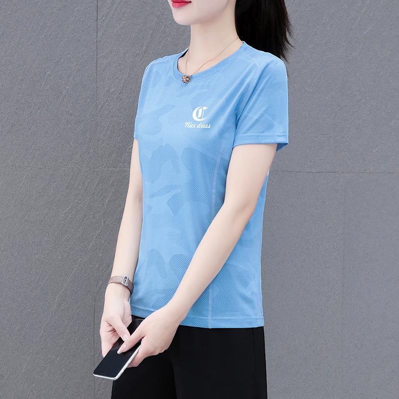 

Женская быстросохнущая футболка с принтом Ice Silk - летняя коллекция 2025 г., свободный крой, короткие рукава, впитывающая пот. 4XL синий
