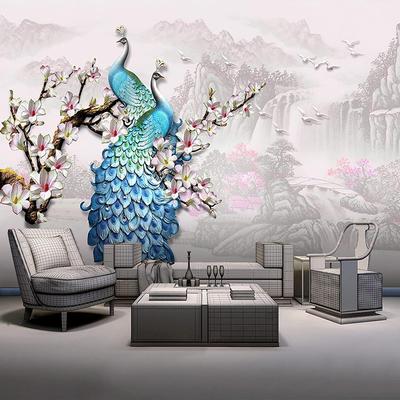 Nordic 3d Mural Blue Noble Peacock Flower Waterfall Wallpaper Landscape Painting Large Space Wallpaper Mural Suitable For Living Room And Bedroom