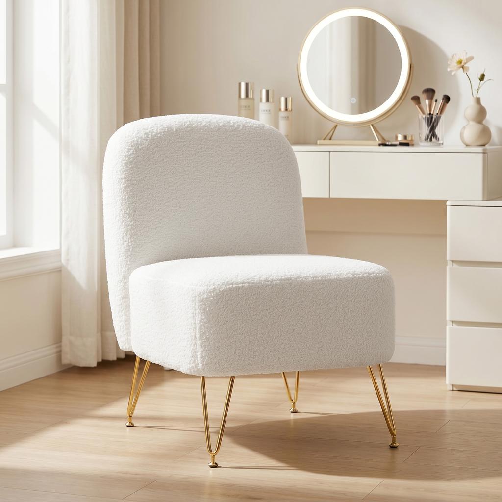 Lounge Chair, Armless, Boucle Fabric, Thick Cushion, Wide Seat, White