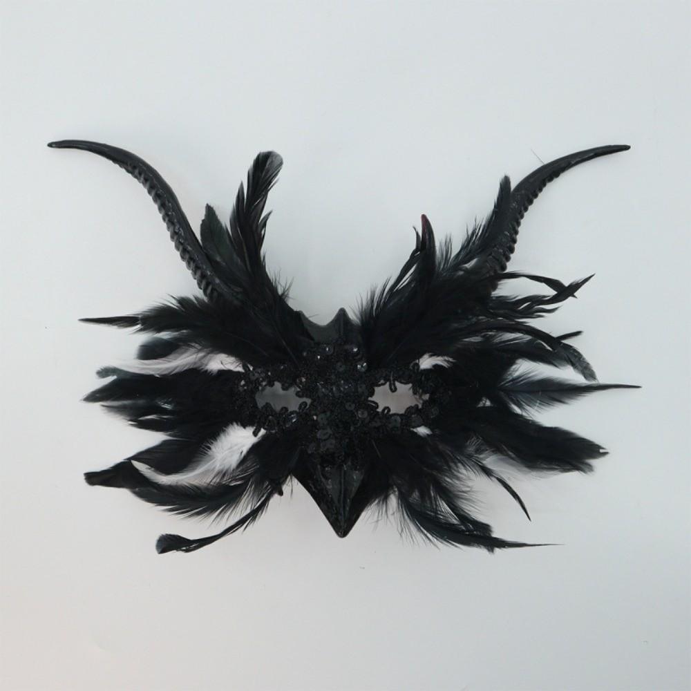Vintage Style Half-Face Mask Angel Feather Black Feather Masquerade Mask Large Horn Gothic Design Eye Mask Ball Performance