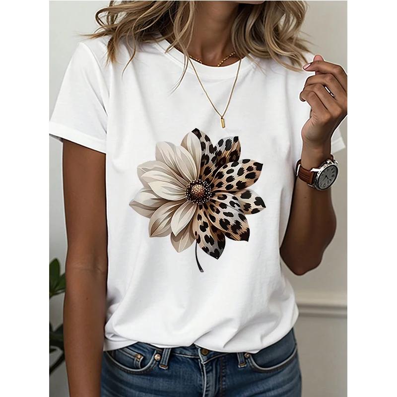 

Womens Leopard Floral Design Print Casual Crew Neck Tee Harajuku Short Sleeve Casual Clothing Street Tops Aesthetic Clothes S