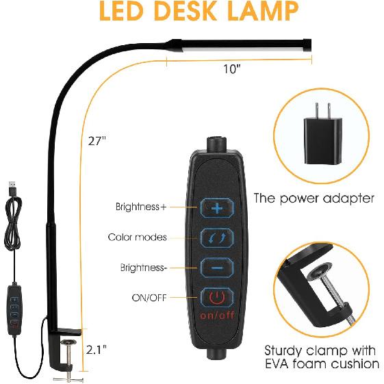 LED Desk Lamp with Clamp, Eye-Caring Clip On Lights for Home Office, 3 Modes 10 Brightness, Long Flexible Gooseneck, Metal, Swing Arm Architect Task