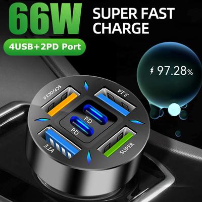 66W USB Car Charger PD QC3.0 Fast Charging Adapter 4 USB + 2 PD Ports with Voltmeter for iPhone Samsung Xiaomi