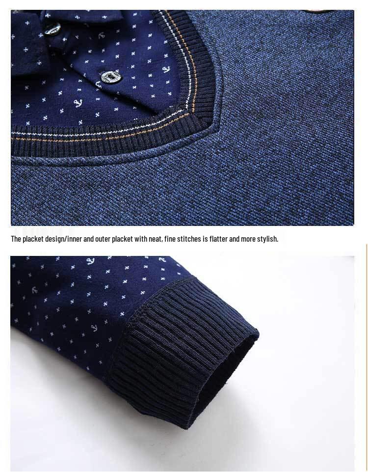 Men's Autumn/Winter Knit Sweater with Fake Two-Piece Shirt Collar - Plus Velvet, Middle-Aged & Young Styles.