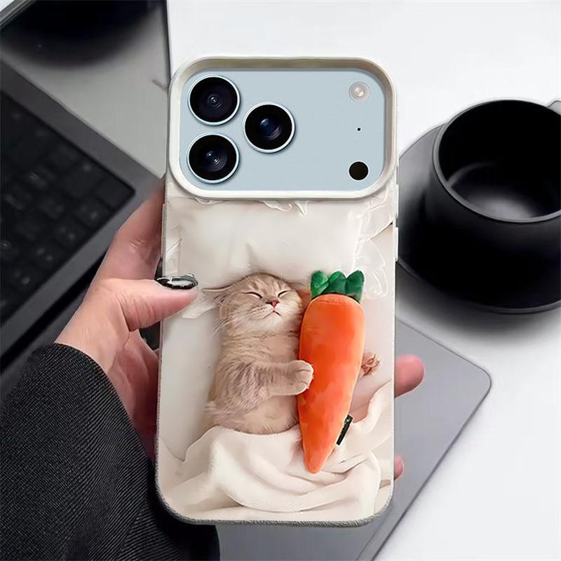 Sleeping Cat Carrot Pattern Case For iPhone 17 Pro Max Funda iPhone 16 Pro Max 15 14 13 12 11 Air 16E Leather Texture Silicone Cover