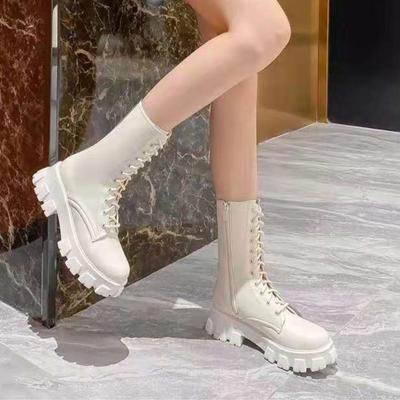 New Mid Calf Boots Women Autumn Winter Fashion Lace-up Ladies Chelsea Zipper Boots Sports Platform Heel Ladies Shoes