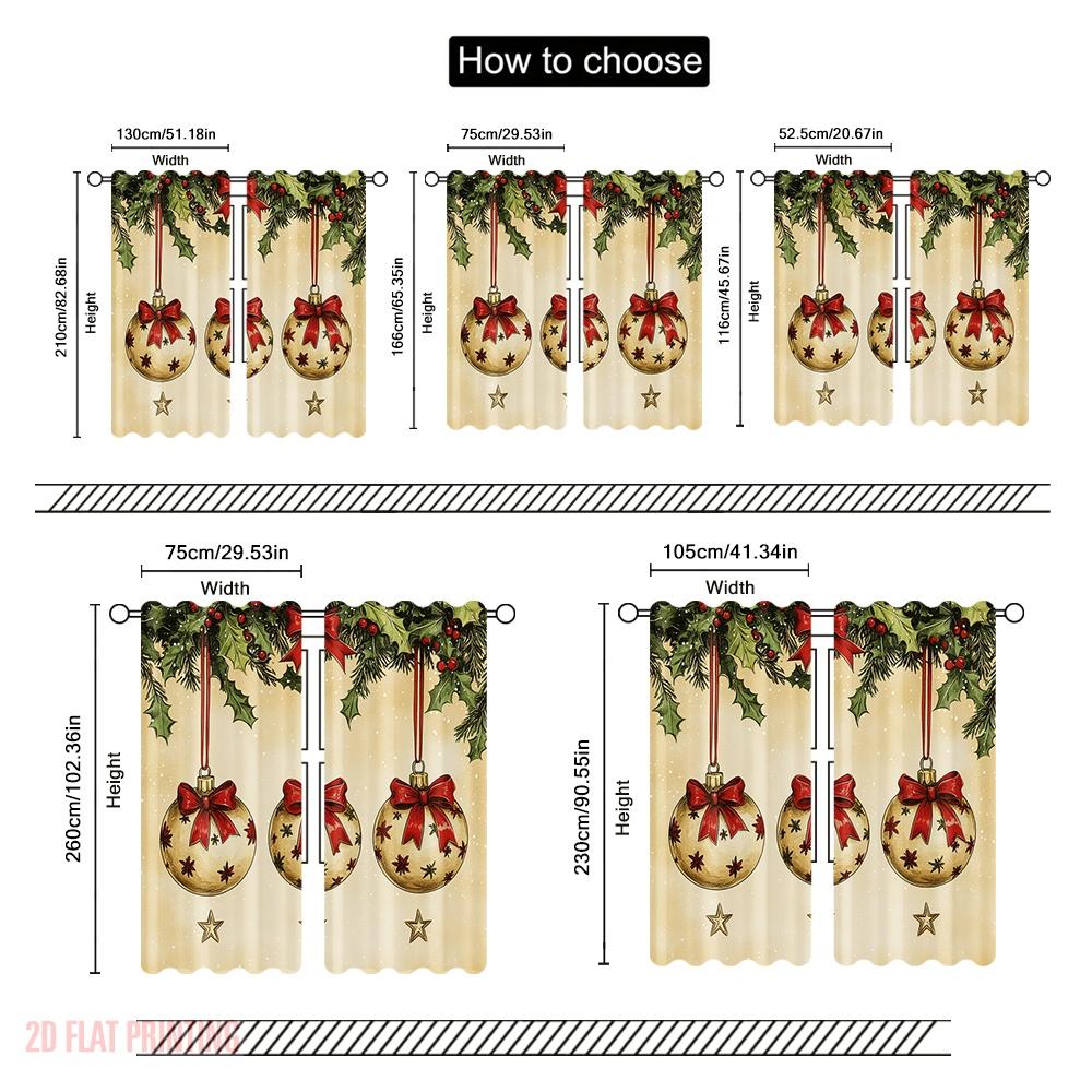 2pcs,2D Plane Printing Curtains Christmas Ornaments Holly Bows (2) Versatile Durable Polyester (without Rod) All Seasons Perfect