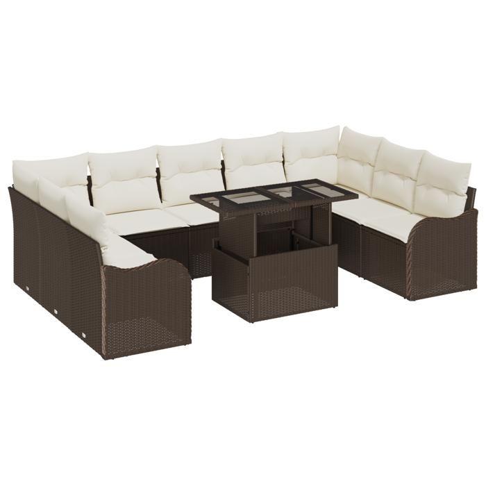 Ensemble de 10 Pièces de Canapé de Jardin avec Coussins en Rattan Poly Marron, Canapé de Jardin 2 Places avec Rangement 3357261
