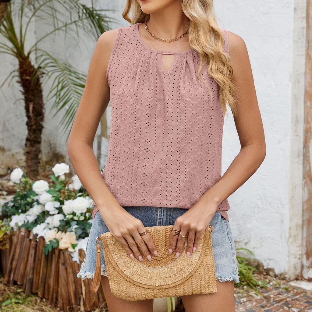 Women's Casual Sleeveless Top Crew Neck Hollow Out Pleated Design Lightweight Summer Tank Shirt Blouse