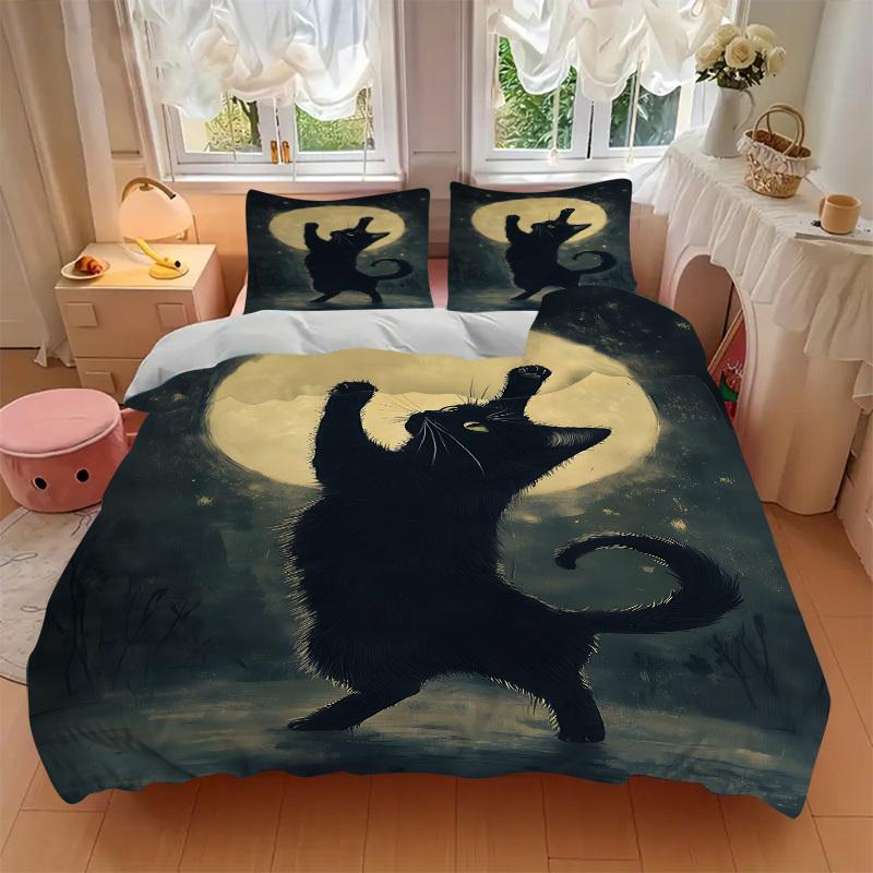 3Pcs Black Cat Moon Night Printed Bedding Set, Breathable And Soft, Machine Washable, Christmas Gift, Suitable for Bedroom Decoration, 15179