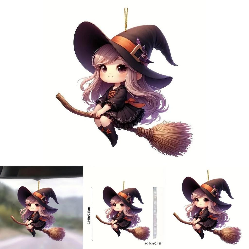Halloween Cartoon Acryl Autoanhänger mit Hexenbesen für Fahrzeugdeko
