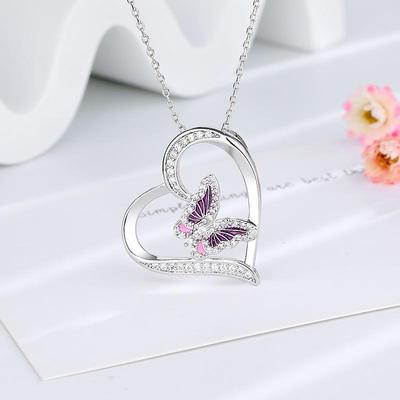 Women's Heart & Butterfly Rhinestone Pendant Necklace