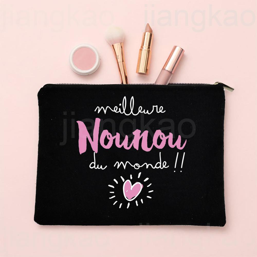 I Love My Nanny French Print Makeup Bag Travel Toiletries Organizer Pouch Women Cosmetic Case Zipper Bags Thanks Gift for Nounou