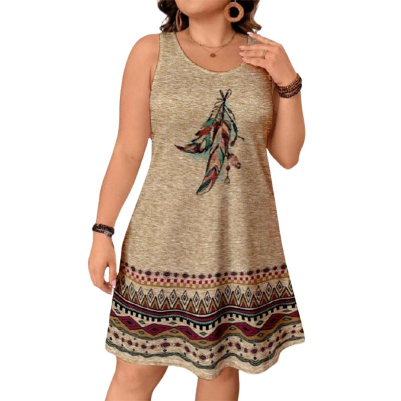 Women's Summer Sleeveless Plus Size Beach Dress Casual Crew Neck Printed Boho Midi Dress