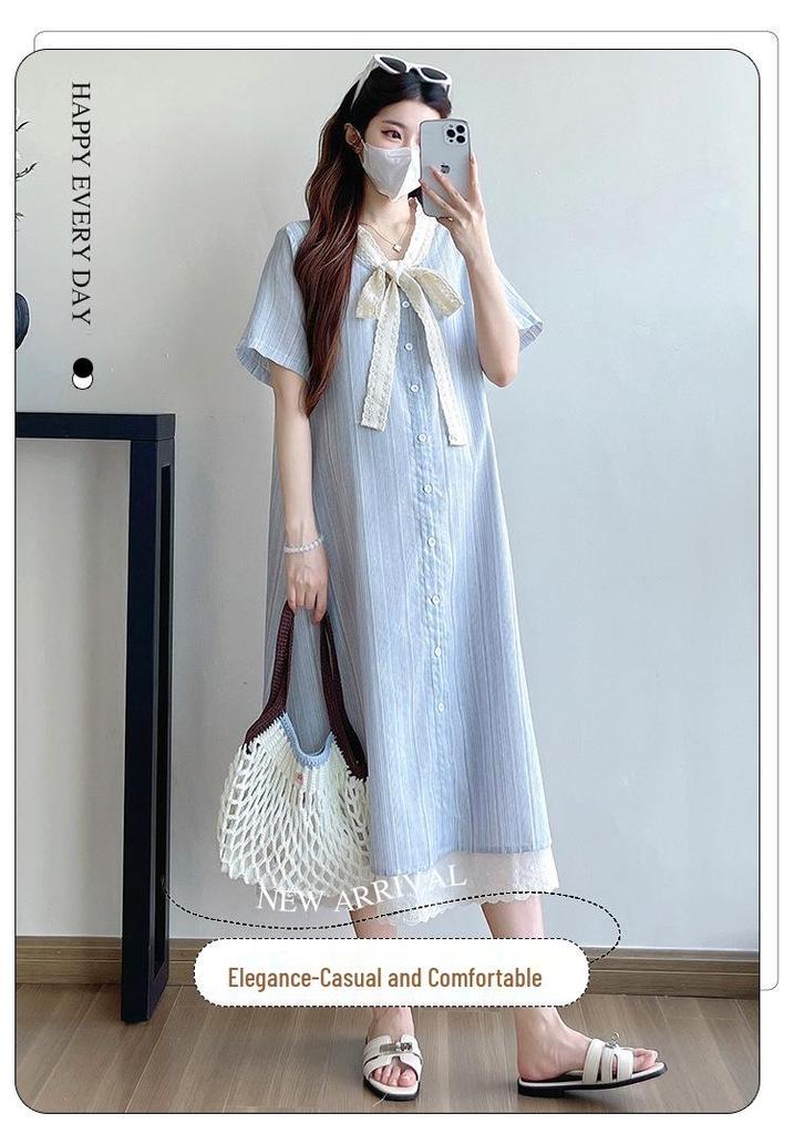 Striped Lace Patchwork Bow Maternity Dress