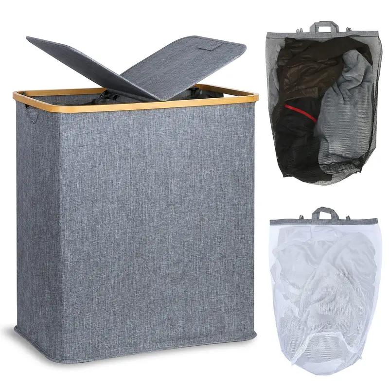 Для 1 шт. корзины для белья 150 л с крышкой, 2 отделения, большой сборник для белья, контейнер для хранения бутылок, двойная стирка светло-серый