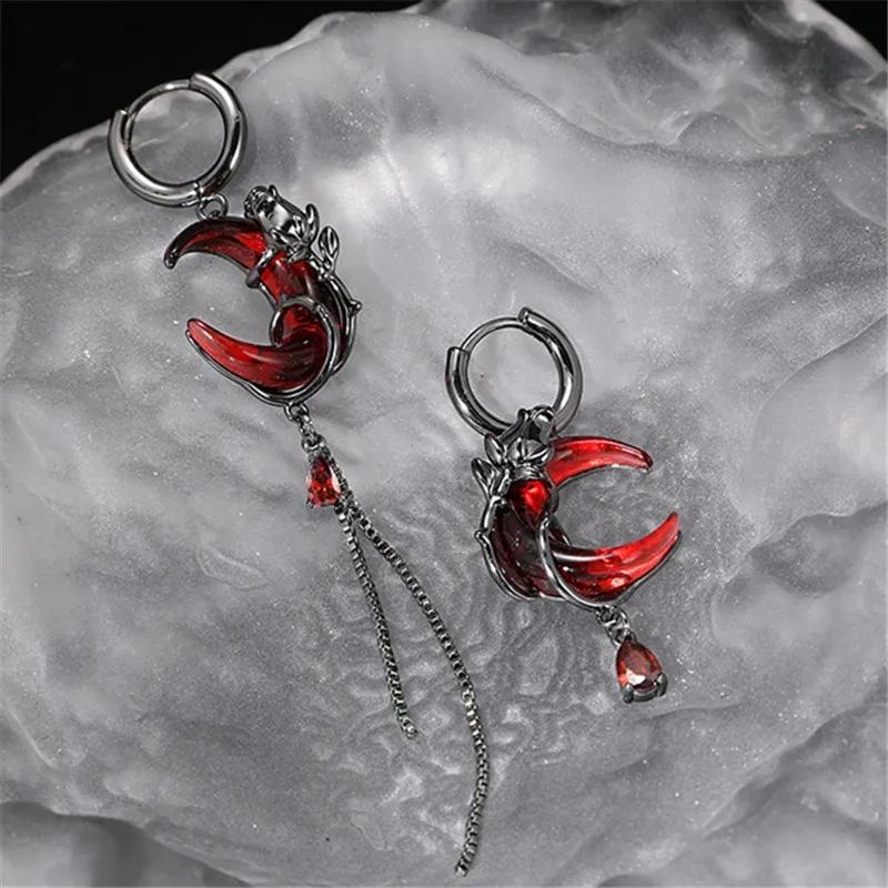 Red Crescent Asymmetrical Tassel Earrings, Niche Personality High-End Sweet And Cool Style Ear Accessories